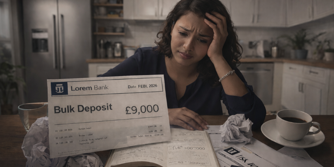 Concerned UK visa applicant reviewing a bank statement showing a £9,000 bulk deposit with financial documents and UK visa paperwork on the table.