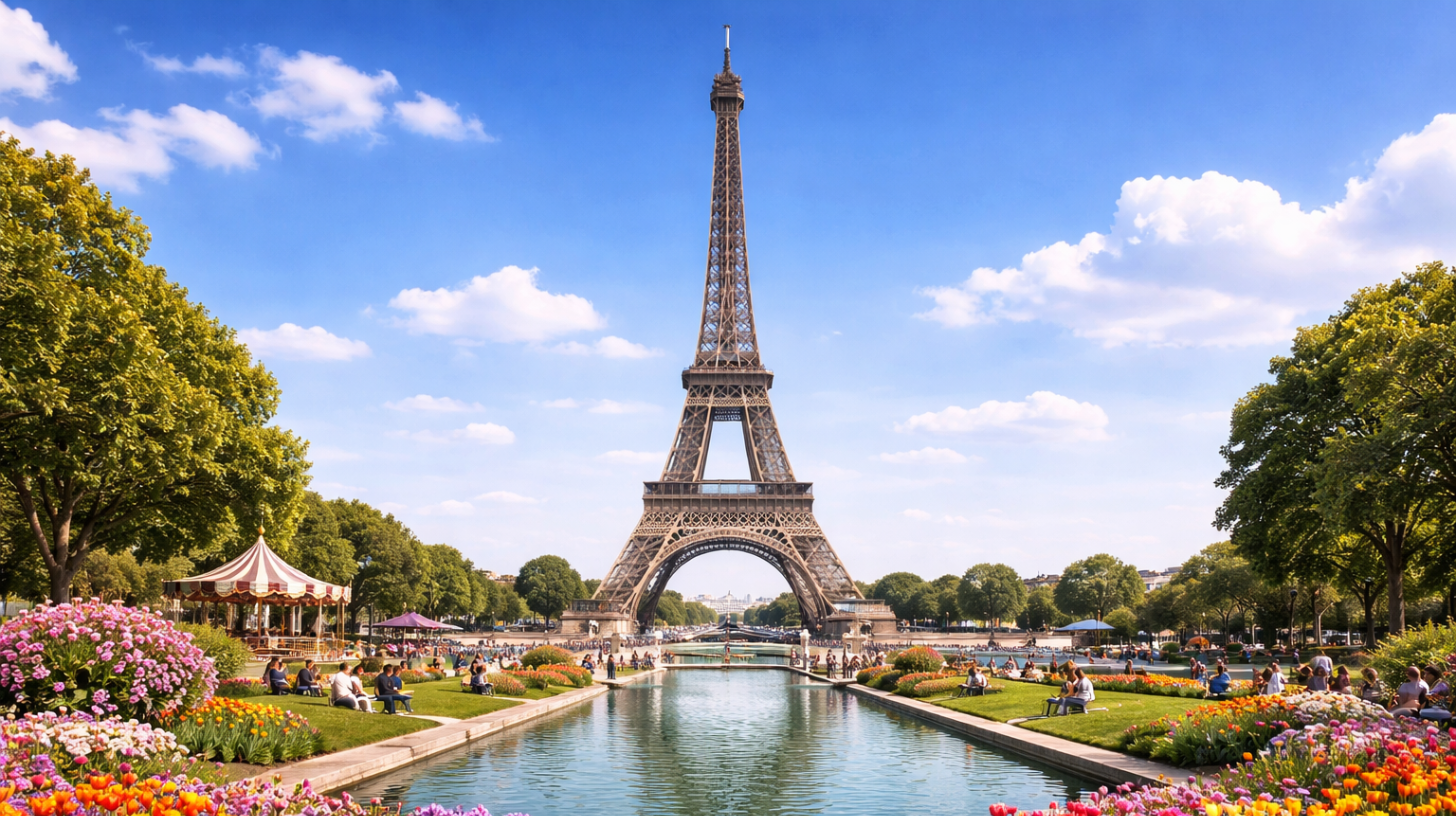 Eiffel Tower in Paris with tourists enjoying gardens and fountain, representing travel to Schengen countries from India.