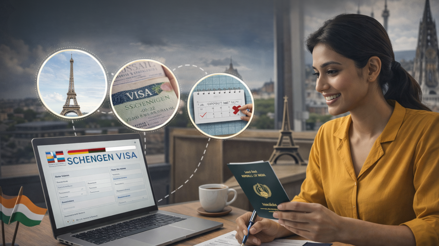 Indian woman applying for a Schengen tourist visa online, holding a passport with laptop showing visa form, travel icons, and appointment planning.