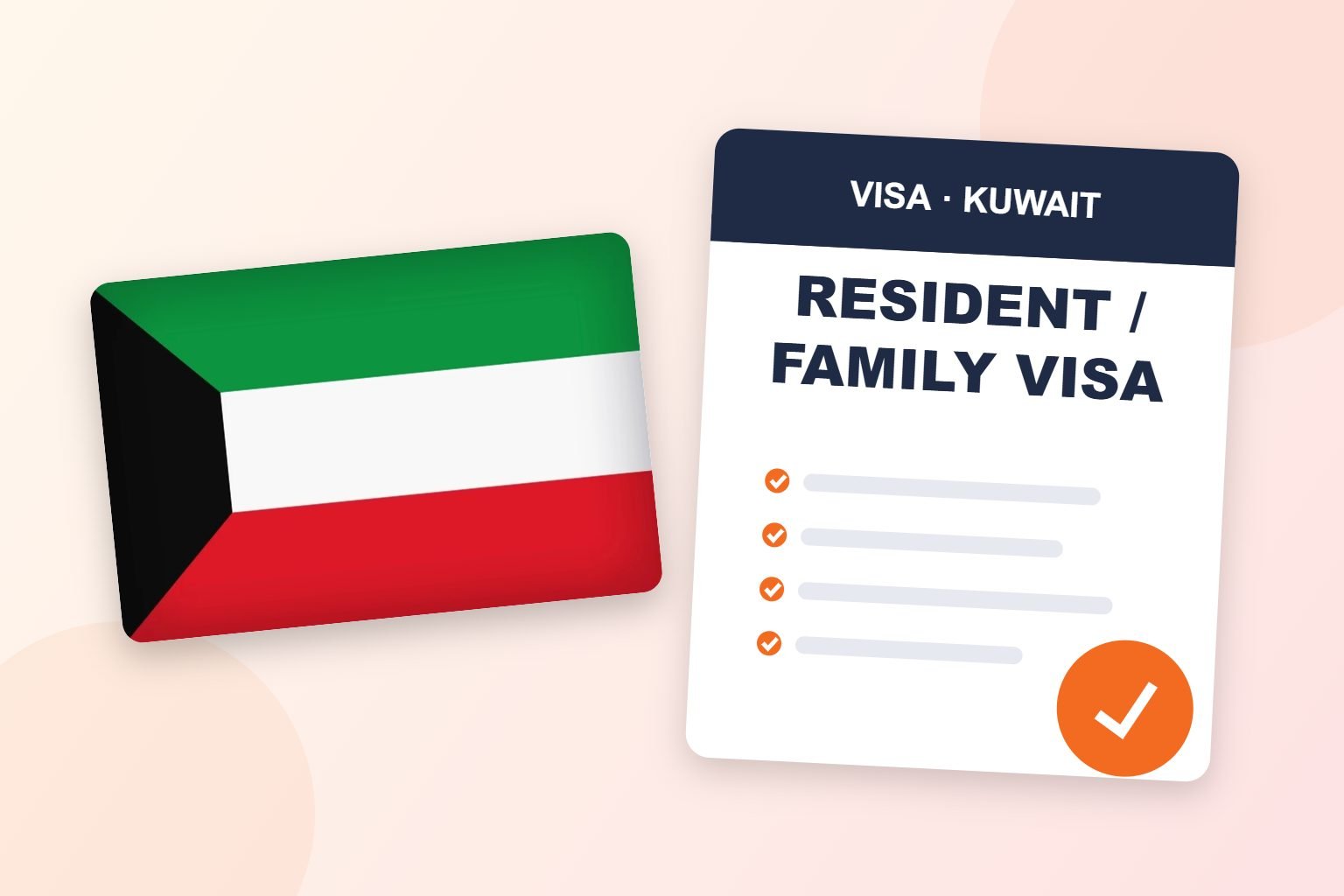 Kuwait flag beside a Resident and Family Visa document checklist, Kuwait family visa stamping help from Kochi by Visa Xpert
